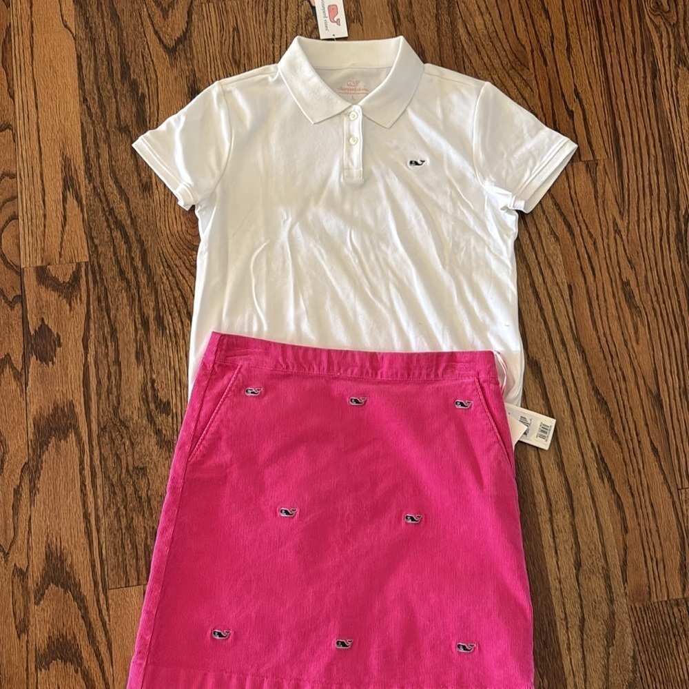 Vineyard Vines Classic Pique Polo large & hot pink corduroy whales skirt NWT